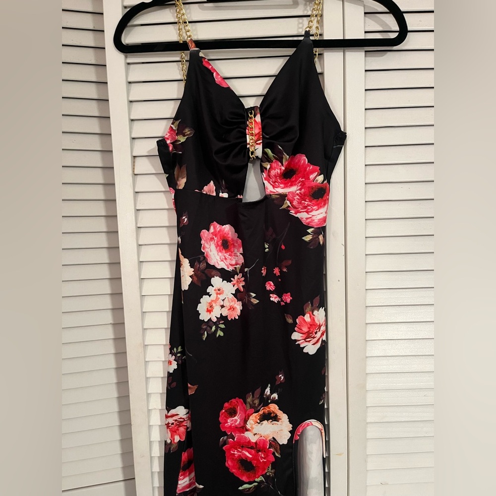 Long floral black dress with chain straps, size small
